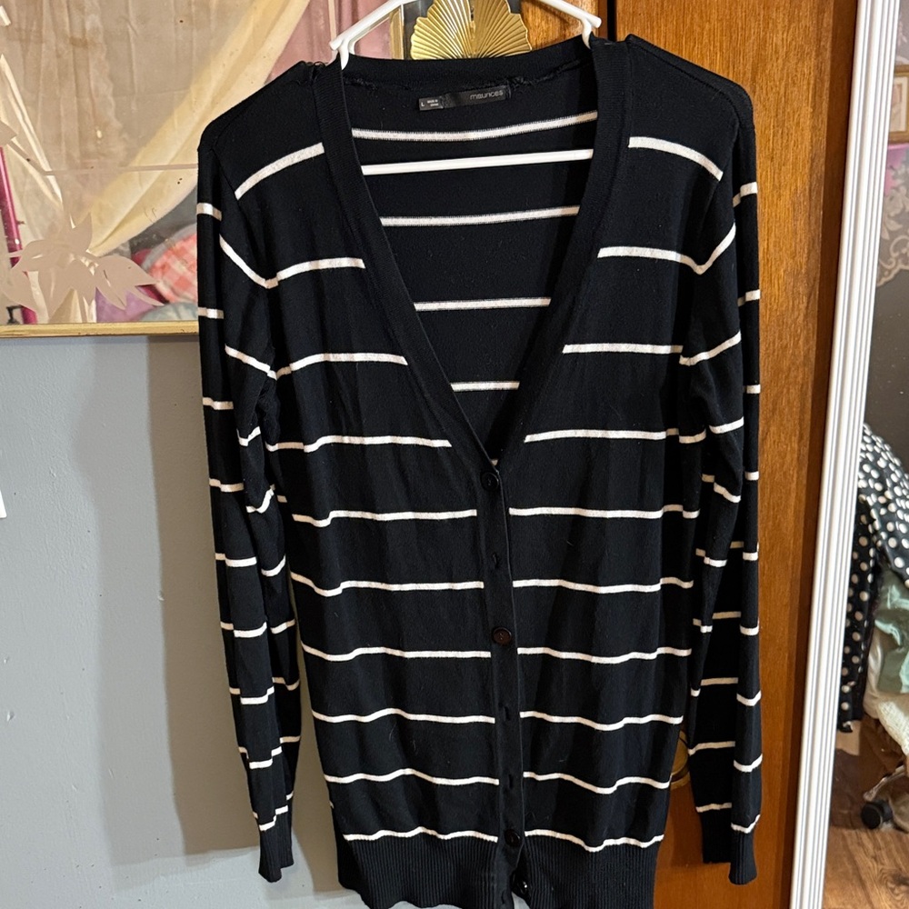 Maurices Black and White Striped Button-Up Cardigan